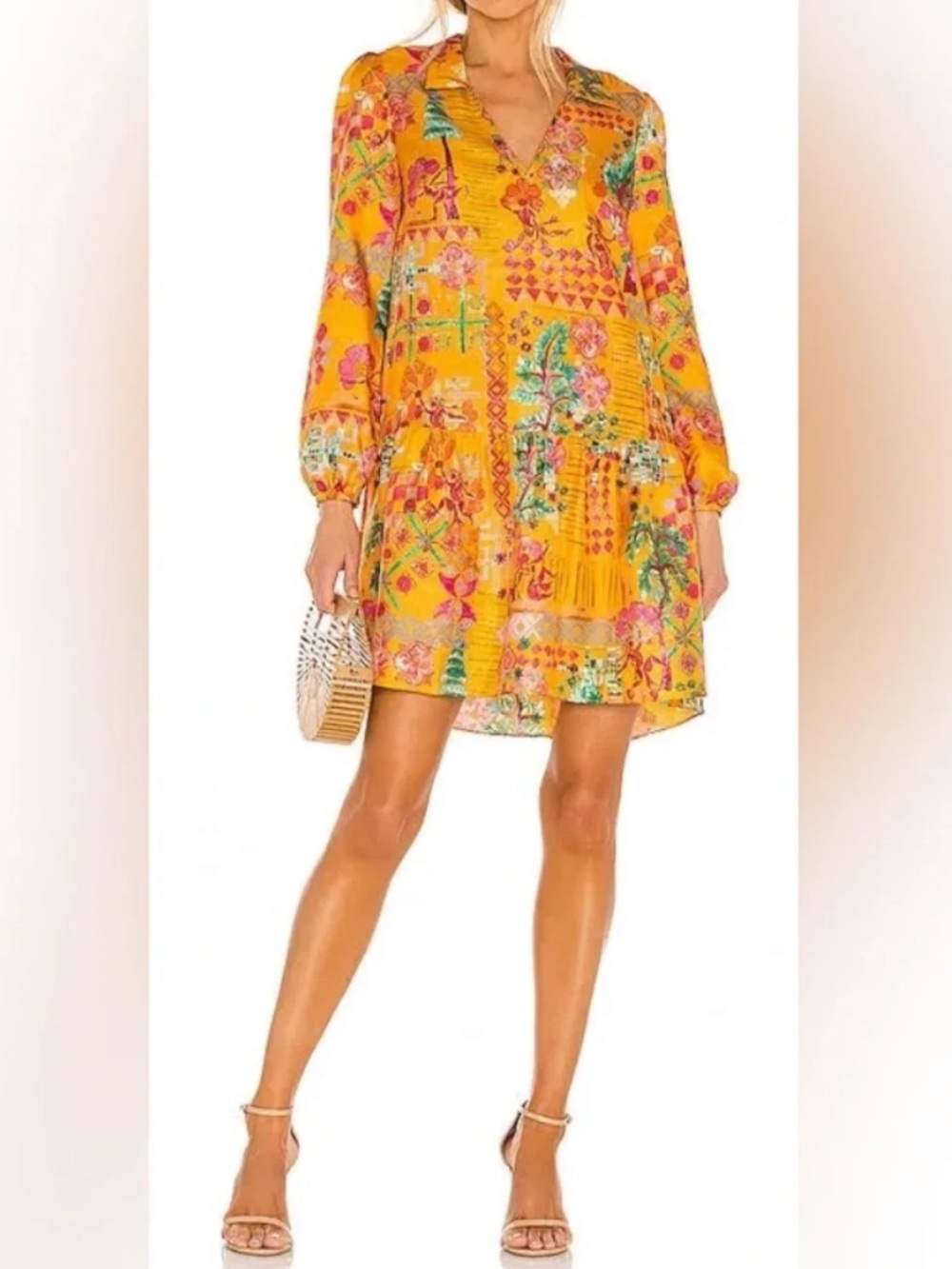 SALONI SIZE 10 100% silk yellow‎ mini dress Jas drop waist Sun Village print